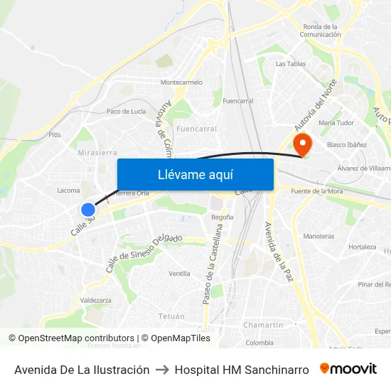 Avenida De La Ilustración to Hospital HM Sanchinarro map