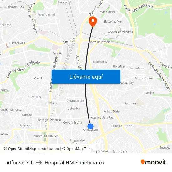 Alfonso XIII to Hospital HM Sanchinarro map