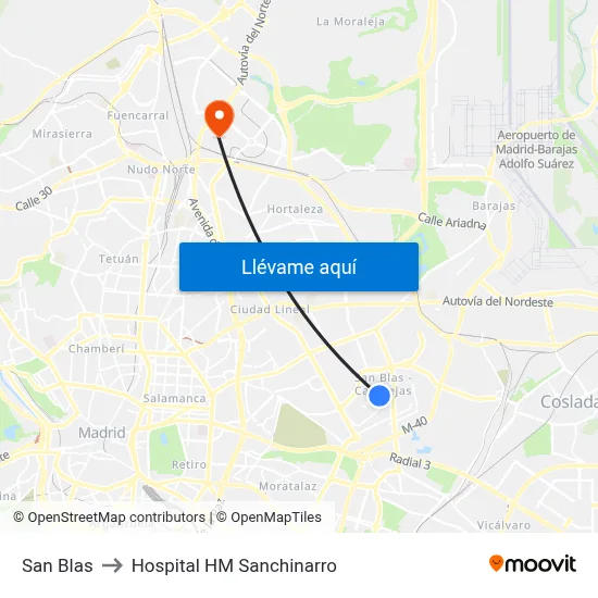 San Blas to Hospital HM Sanchinarro map