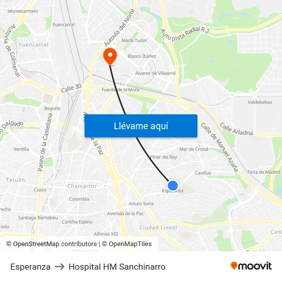 Esperanza to Hospital HM Sanchinarro map