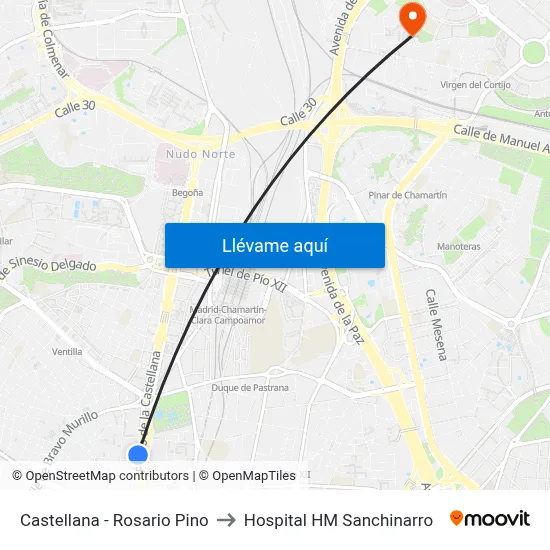Castellana - Rosario Pino to Hospital HM Sanchinarro map