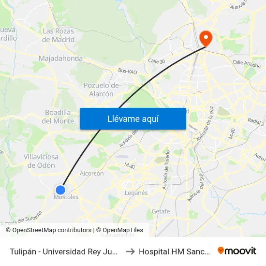Tulipán - Universidad Rey Juan Carlos to Hospital HM Sanchinarro map
