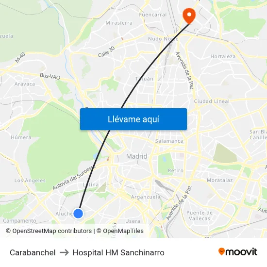 Carabanchel to Hospital HM Sanchinarro map