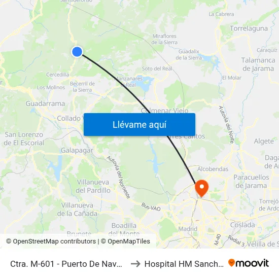 Ctra. M-601 - Puerto De Navacerrada to Hospital HM Sanchinarro map