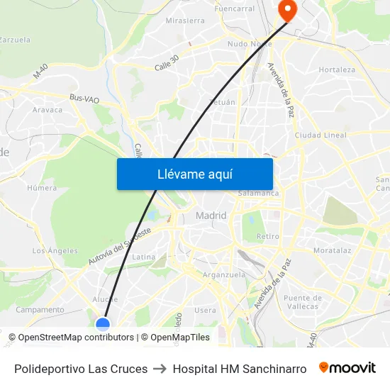 Polideportivo Las Cruces to Hospital HM Sanchinarro map