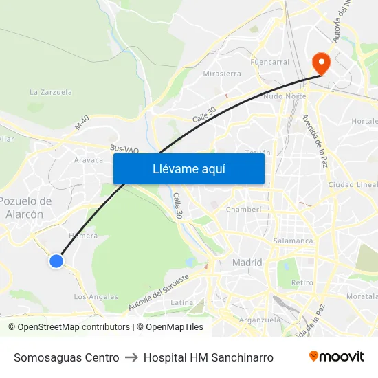 Somosaguas Centro to Hospital HM Sanchinarro map