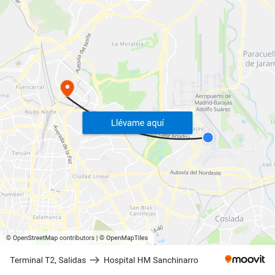 Terminal T2, Salidas to Hospital HM Sanchinarro map