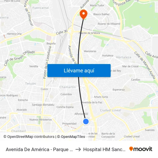 Avenida De América - Parque Avenidas to Hospital HM Sanchinarro map