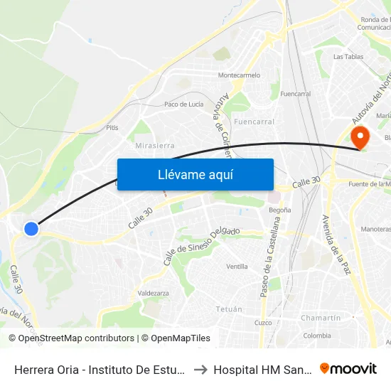 Herrera Oria - Instituto De Estudios Fiscales to Hospital HM Sanchinarro map