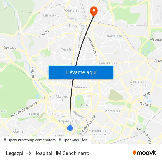 Legazpi to Hospital HM Sanchinarro map