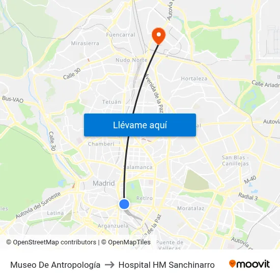 Museo De Antropología to Hospital HM Sanchinarro map