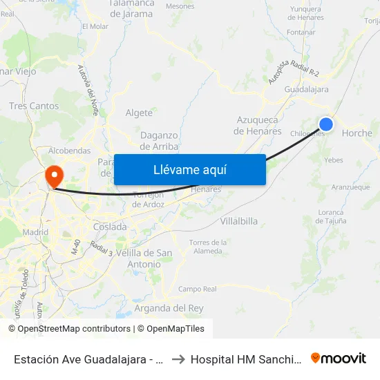 Estación Ave Guadalajara - Yebes to Hospital HM Sanchinarro map