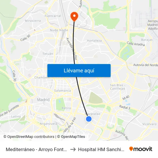 Mediterráneo - Arroyo Fontarrón to Hospital HM Sanchinarro map