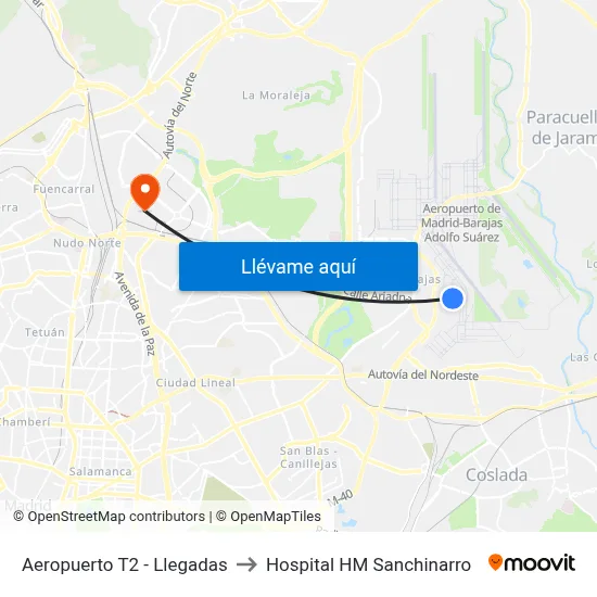 Aeropuerto T2 - Llegadas to Hospital HM Sanchinarro map