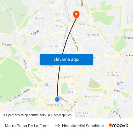 Metro Palos De La Frontera to Hospital HM Sanchinarro map