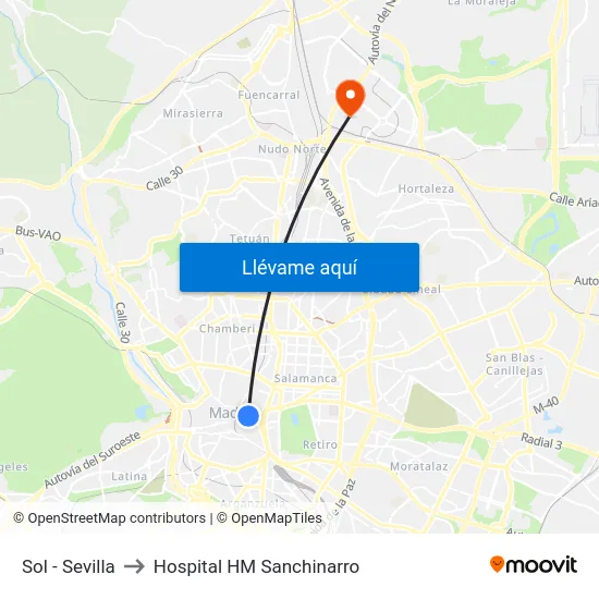 Sol - Sevilla to Hospital HM Sanchinarro map