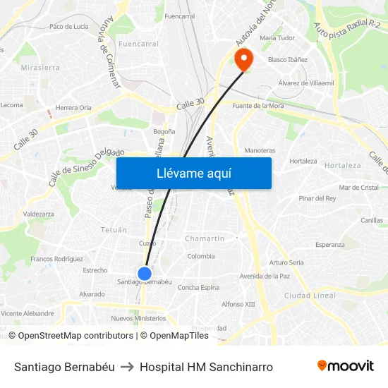 Santiago Bernabéu to Hospital HM Sanchinarro map