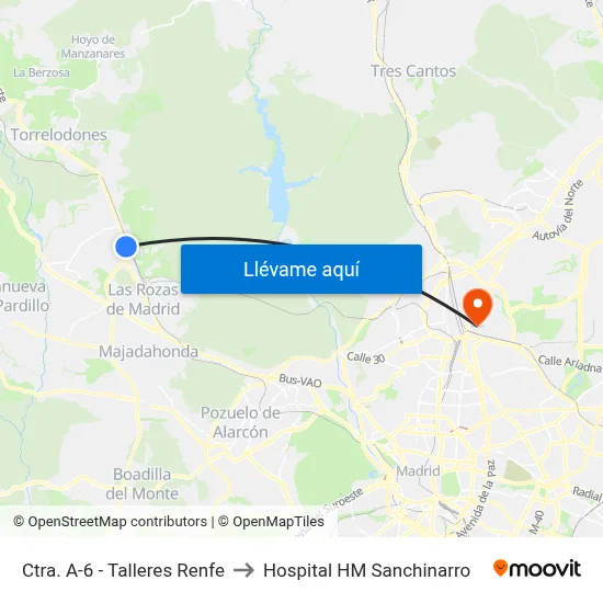Ctra. A-6 - Talleres Renfe to Hospital HM Sanchinarro map