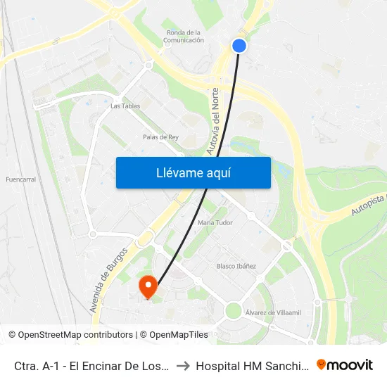 Ctra. A-1 - El Encinar De Los Reyes to Hospital HM Sanchinarro map