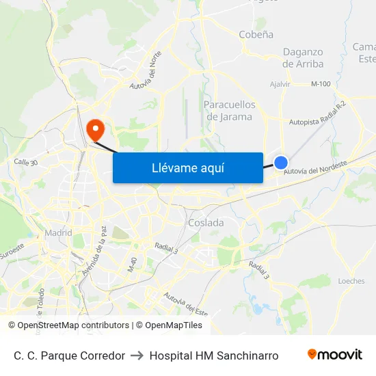 C. C. Parque Corredor to Hospital HM Sanchinarro map