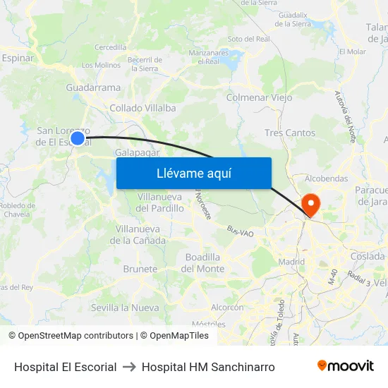 Hospital El Escorial to Hospital HM Sanchinarro map