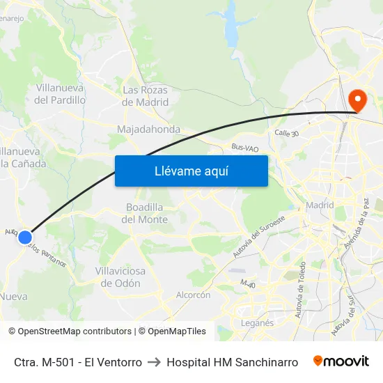 Ctra. M-501 - El Ventorro to Hospital HM Sanchinarro map