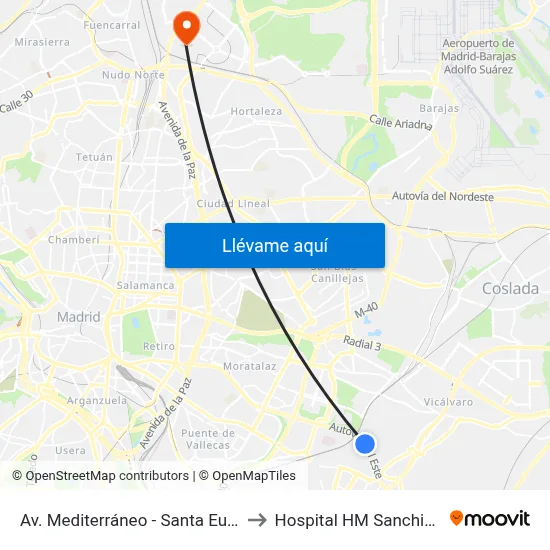 Av. Mediterráneo - Santa Eugenia to Hospital HM Sanchinarro map