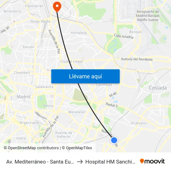 Av. Mediterráneo - Santa Eugenia to Hospital HM Sanchinarro map