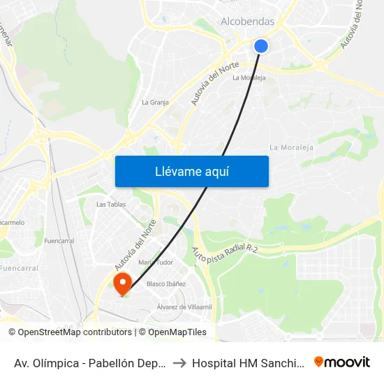 Av. Olímpica - Pabellón Deportivo to Hospital HM Sanchinarro map