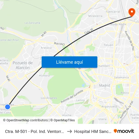 Ctra. M-501 - Pol. Ind. Ventorro Del Cano to Hospital HM Sanchinarro map