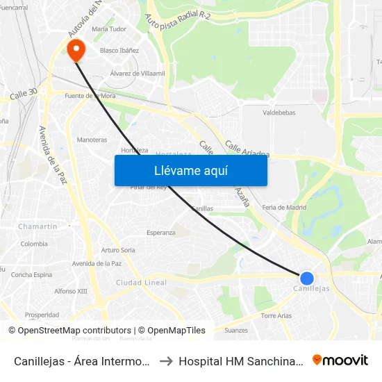 Canillejas - Área Intermodal to Hospital HM Sanchinarro map
