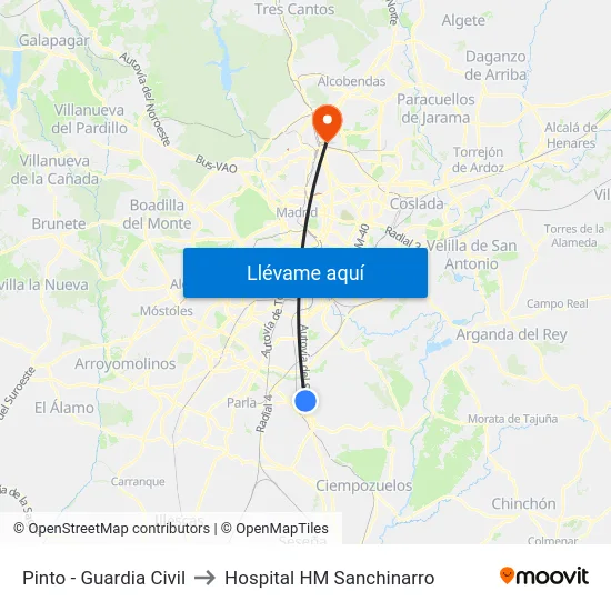 Pinto - Guardia Civil to Hospital HM Sanchinarro map