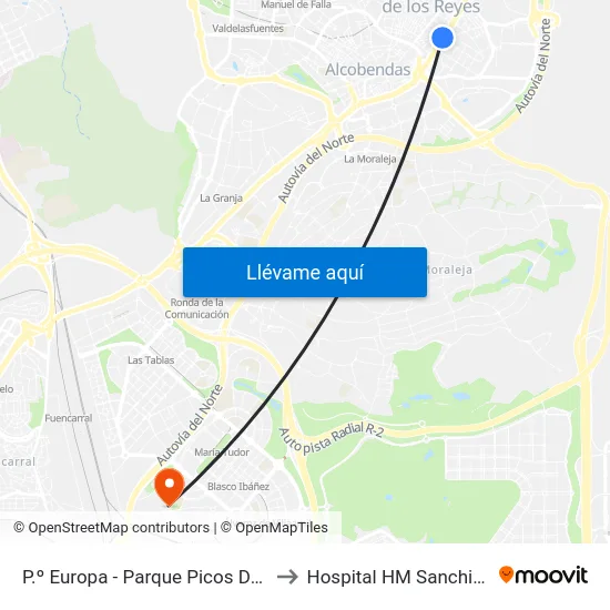 P.º Europa - Parque Picos De Olite to Hospital HM Sanchinarro map