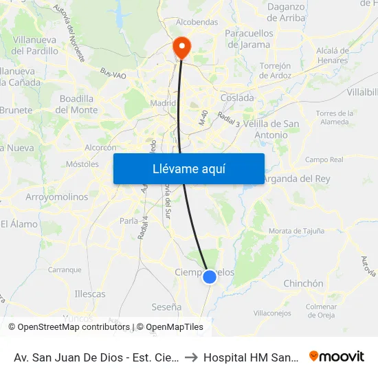 Av. San Juan De Dios - Est. Ciempozuelos to Hospital HM Sanchinarro map