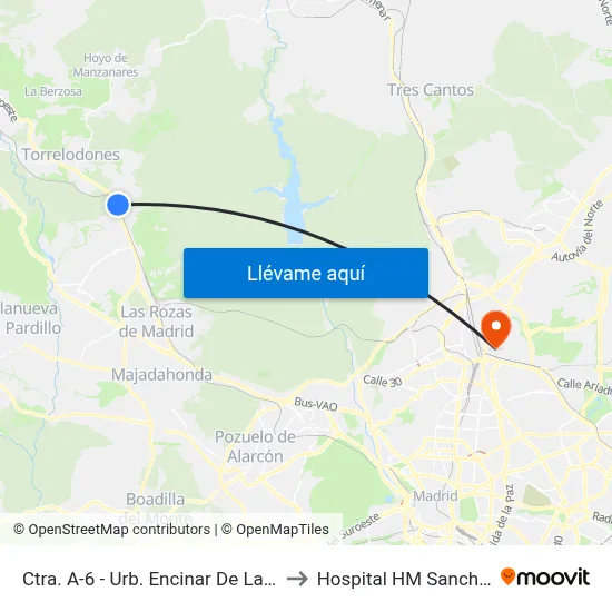 Ctra. A-6 - Urb. Encinar De Las Rozas to Hospital HM Sanchinarro map