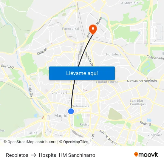 Recoletos to Hospital HM Sanchinarro map