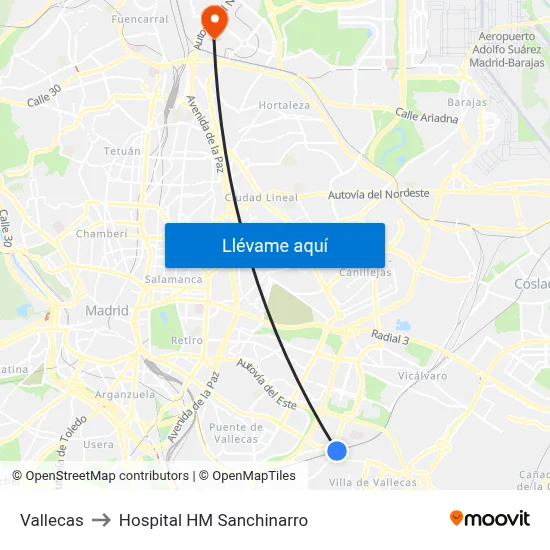 Vallecas to Hospital HM Sanchinarro map
