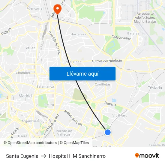 Santa Eugenia to Hospital HM Sanchinarro map