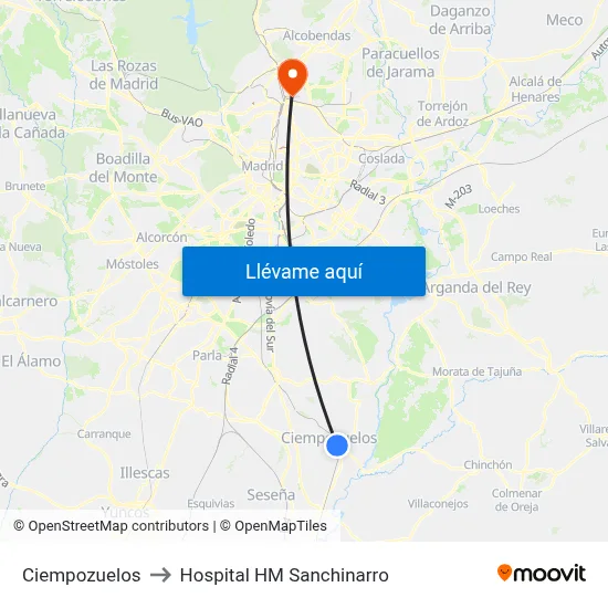 Ciempozuelos to Hospital HM Sanchinarro map