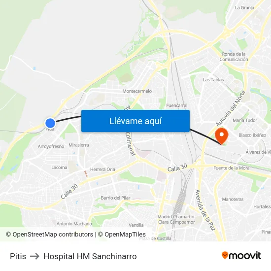 Pitis to Hospital HM Sanchinarro map