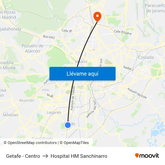 Getafe - Centro to Hospital HM Sanchinarro map