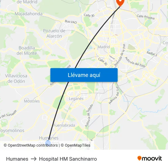 Humanes to Hospital HM Sanchinarro map