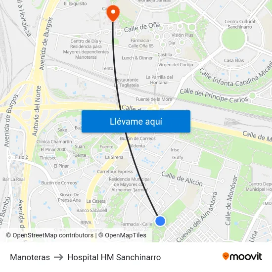 Manoteras to Hospital HM Sanchinarro map