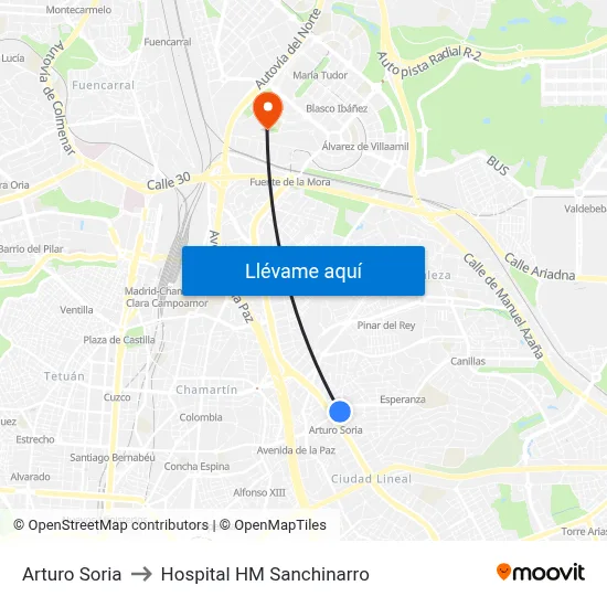 Arturo Soria to Hospital HM Sanchinarro map
