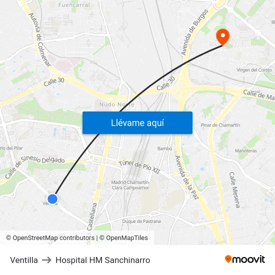 Ventilla to Hospital HM Sanchinarro map