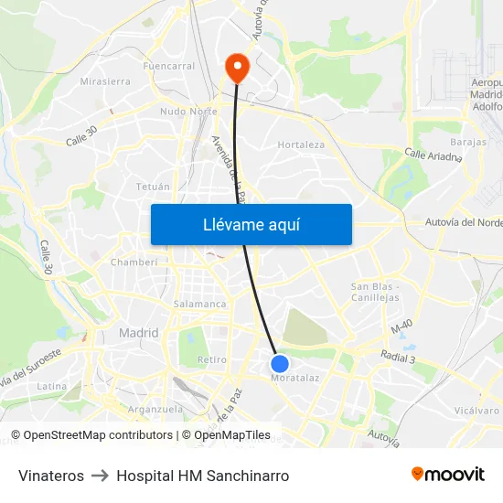 Vinateros to Hospital HM Sanchinarro map