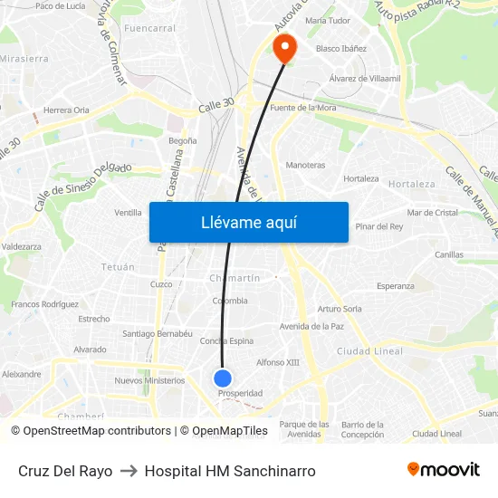 Cruz Del Rayo to Hospital HM Sanchinarro map