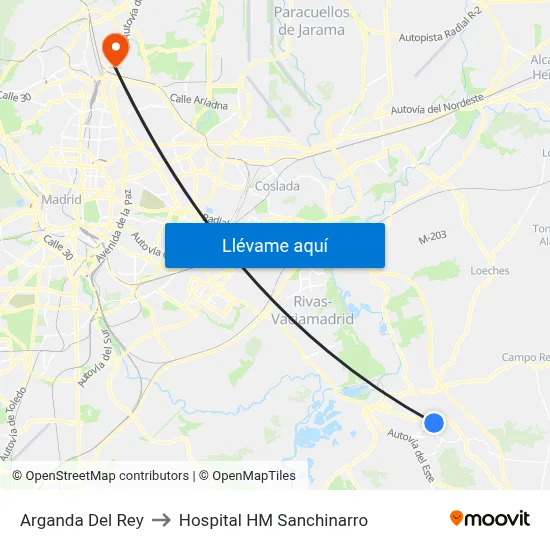 Arganda Del Rey to Hospital HM Sanchinarro map