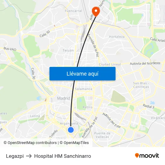Legazpi to Hospital HM Sanchinarro map