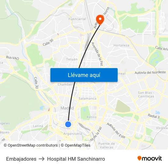 Embajadores to Hospital HM Sanchinarro map